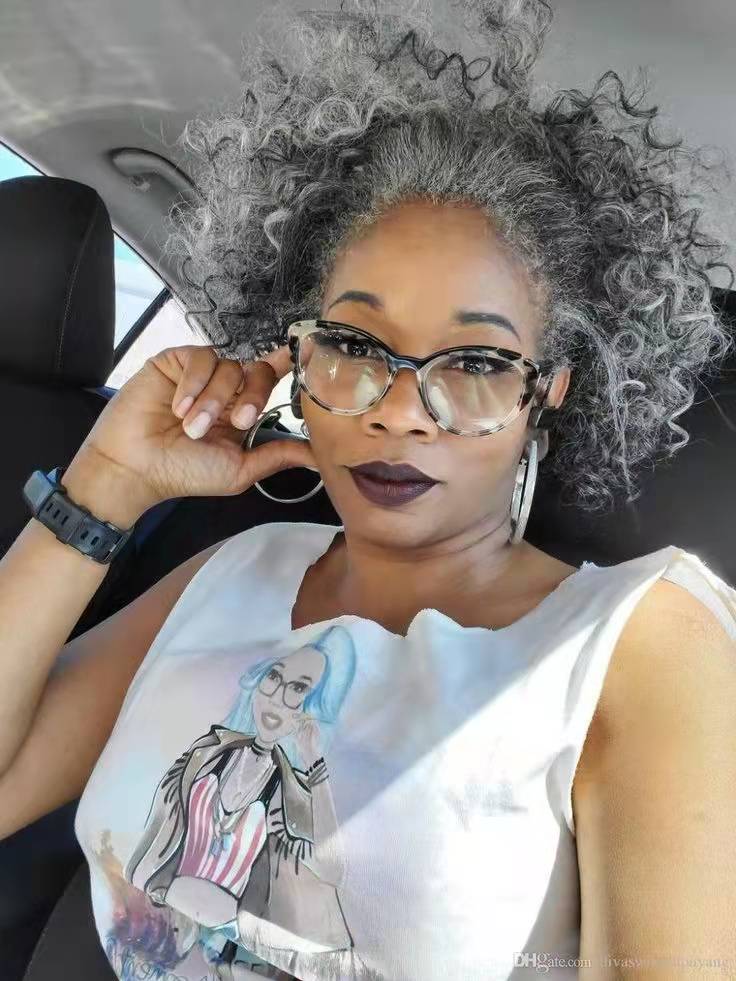 Afro Gray kinky Medium ponytail puff bun updo hairstyle for older women with drawstring clip in grey hairpiece dyeable natural two tone 120g