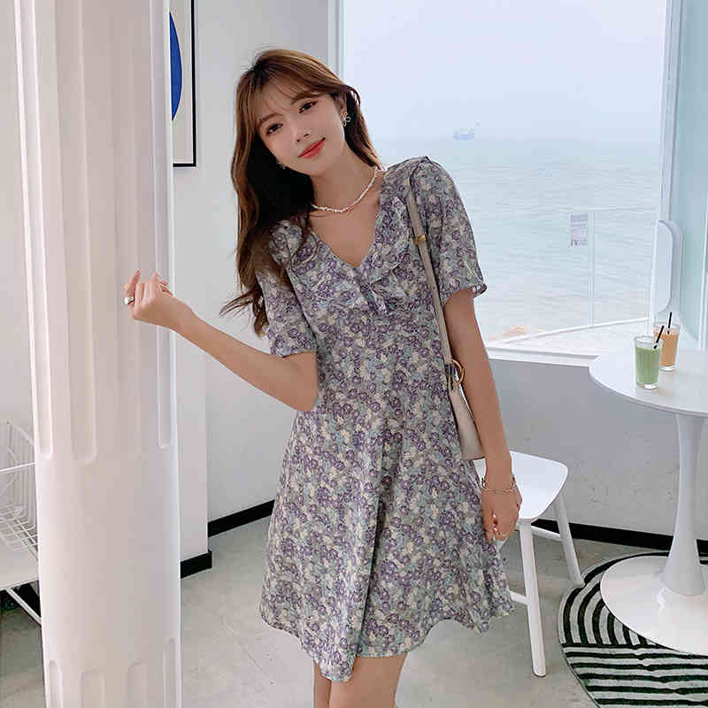 Women Dresses Summer Sexy V Neck Floral Print Boho Beach Dress Ruffle Short Sleeve A Line Mini Dress Wrap Sundress Robe 210515