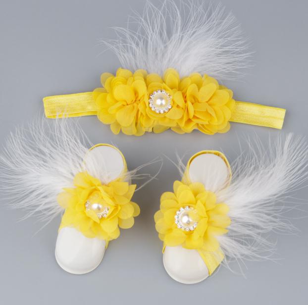 2021 Baby Sandals Feather Flower Shoes Cover Barefoot Foot Flower Ties Infant Girl Kids First Walker Shoes Headband Set Photography Props