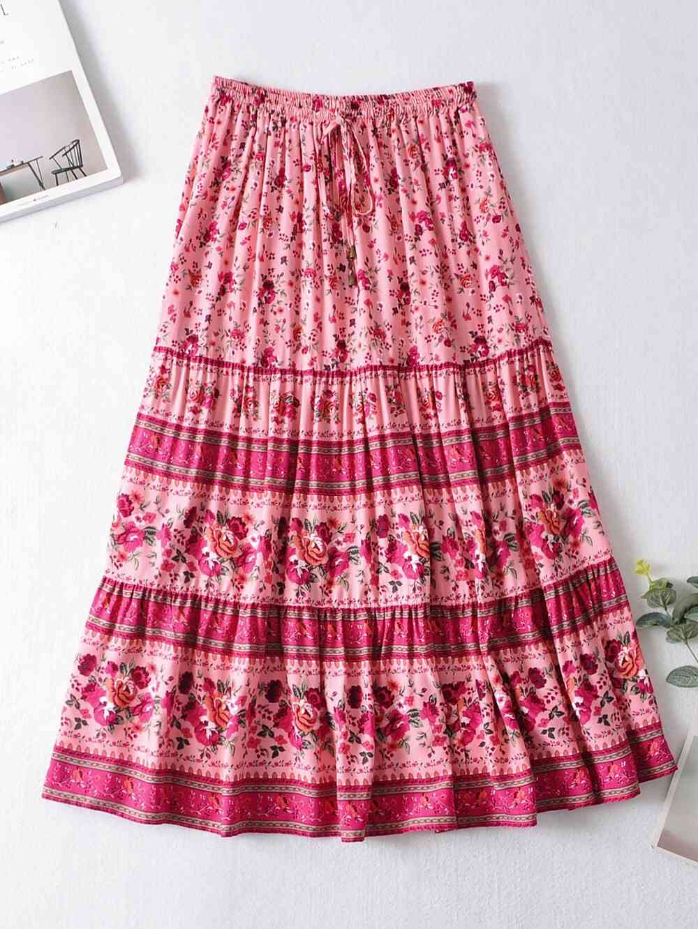 Bohemia Spliced Pleated Floral Print Long Skirt Hippie Women Adjust Stream Elastic Waist Swing Skirts Holiday Beach 210429