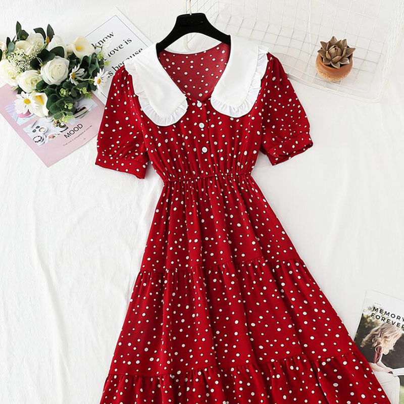 Vintage Polka Dot Print Women Dress Summer Female Elegant Short Sleeve Elastic waist Chiffon Dresses Sweet Vestidos 210521