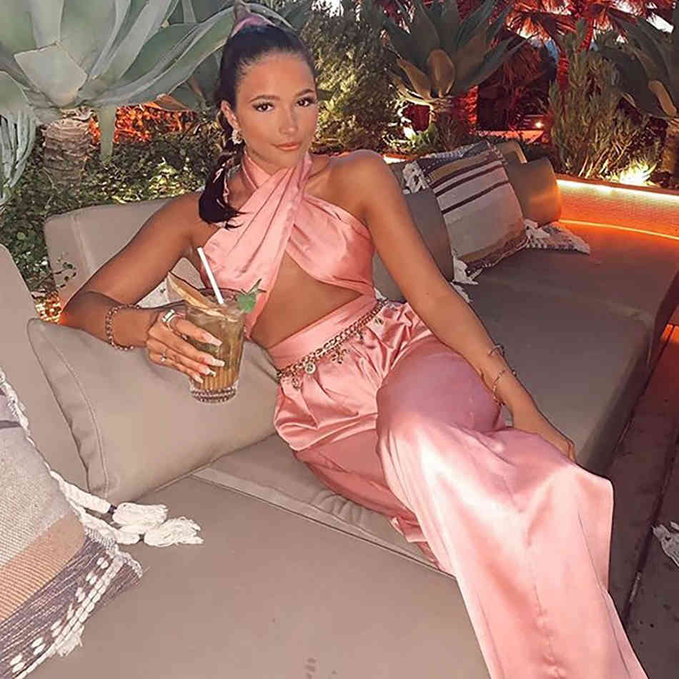 Free Summer Women's Satin Jumpsuit Sexy Sleeveless Halter Hollow Club Party Straight 210524