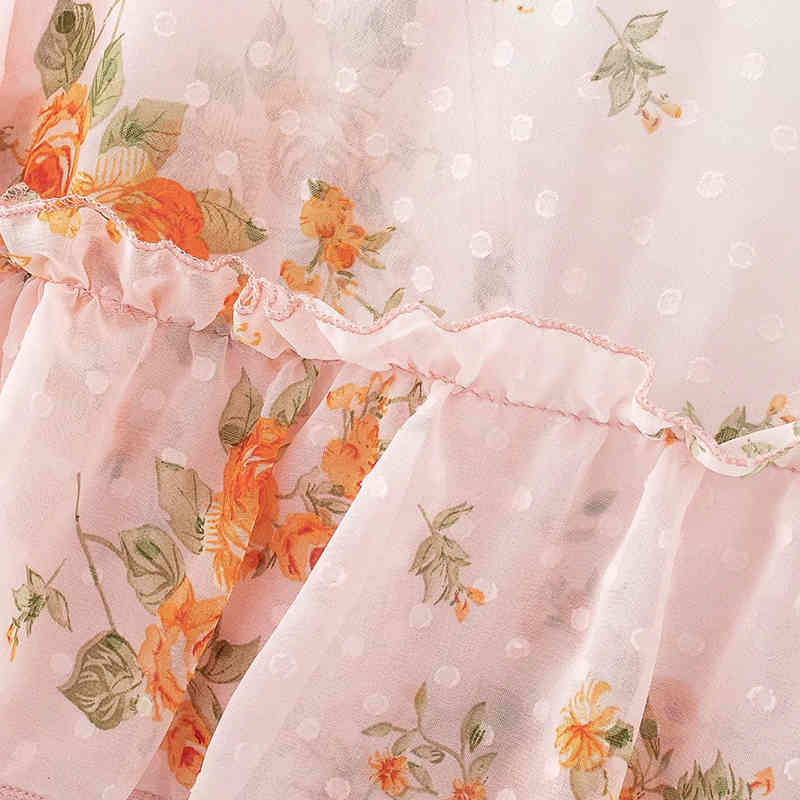 Women Ruffled Floral Transparent Chiffon Blouse Thin Long Sleeve V-neck Chic Shirts Female Summer Top High Street Femme Vestiods 210521