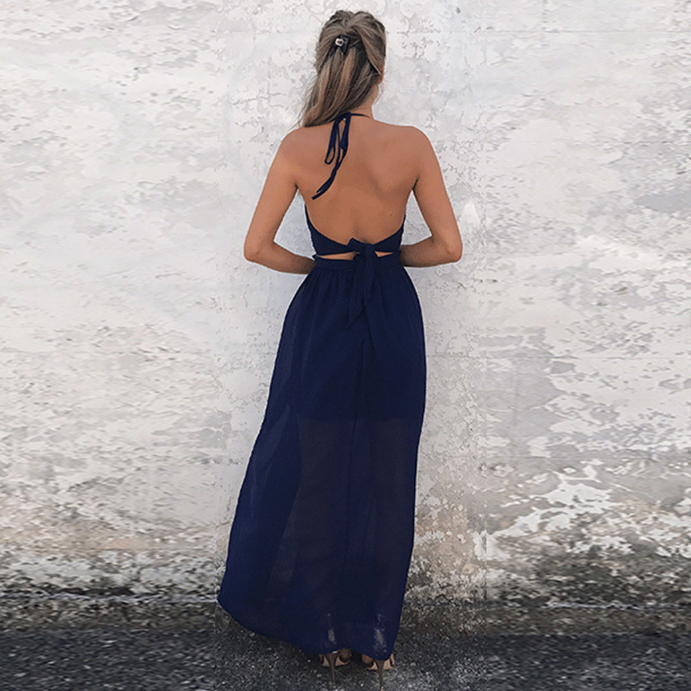 Womens Summer Boho Maxi Long Dress Evening Party Beach Dresses Sundress Floral Halter Chiffon Dress Summer Deep V Neck 210518