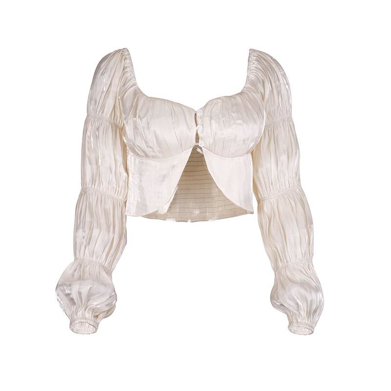 Women Summer Elegant Lantern Sleeve Ruched Tops and Blouses Sexy Lady Cropped Shirt Casual White Satin Short Blouse 210428