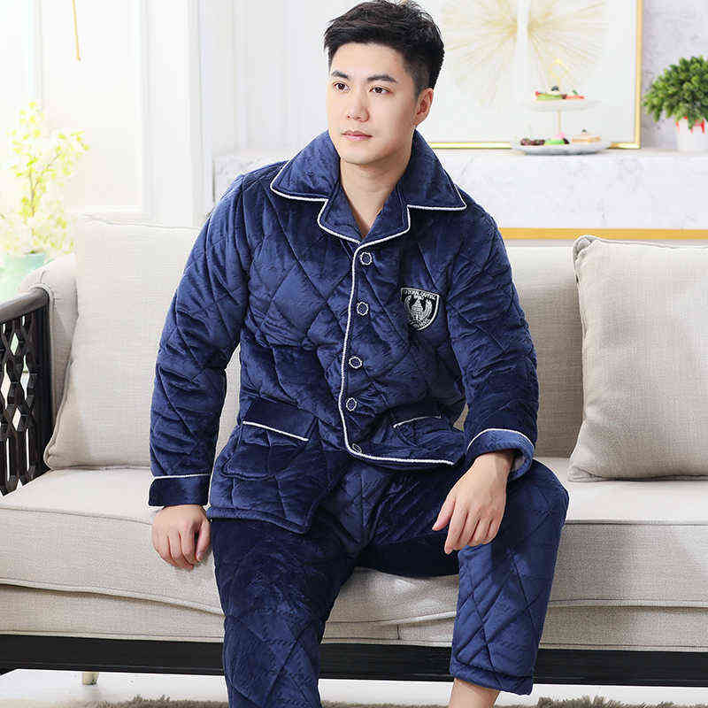 Winter Warm Thick Men Pajama Casual Pajama Sets Breathable 3 Layer Cotton Pijama Embroidery Male Pajamas 211104