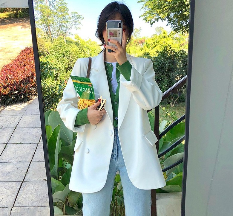 Vintage Chic Loose Light Green Women Blazer Summer One Button Female Suit Jacket Full Sleeve Outwear femme 210519
