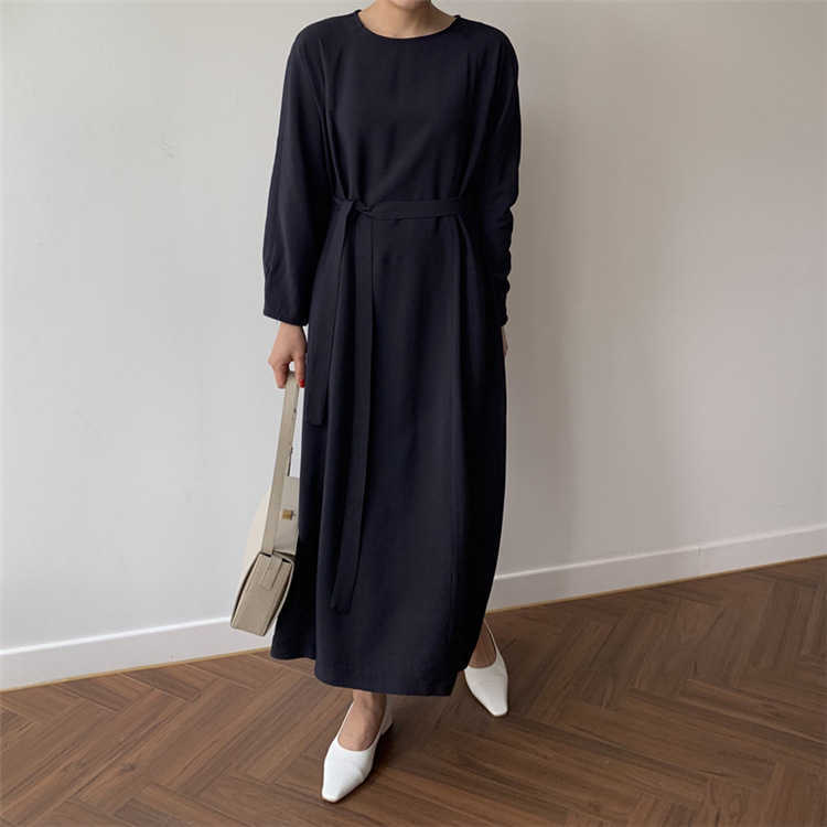 LY VAREY LIN Summer Long Sleeve Tie Up Slim Dress A line Solid O Neck High Waist Mid-Calf Women Party 210526