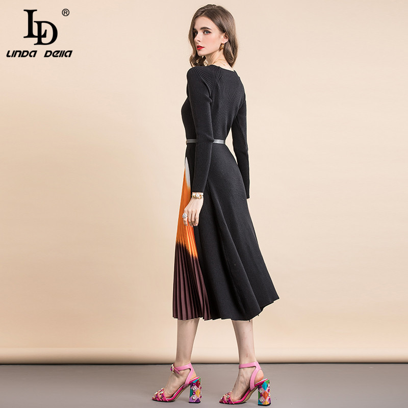 Spring Autum Fashion Runway Vintage elastic Knitted Dress Women Long Sleeve Patchwork Pleated Elegant Midi 210522