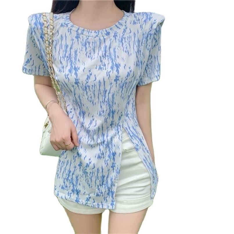 Casual all-match ink printing split end hit color personality short-sleeved T-shirt women summer fashion women's clothing 210520, Blue
Casual all-match ink printing split end hit color personality short-sleeved T-shirt women summer fashion women's clothing 210520, Blue
