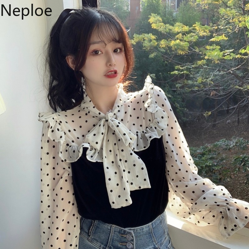 Neploe Women Tops Lace Up Bow Patchwork Polka Dot Blusas Mujer Long Sleeve Sweet Ruffles Shirts Loose Elegant Blouses 95126 210422