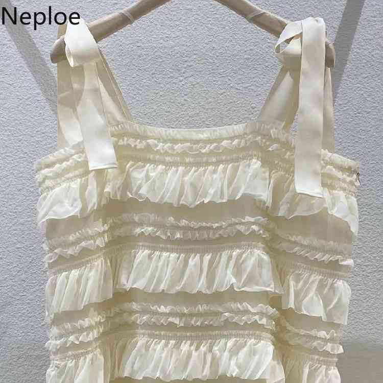 Neploe Vestido De Mujer Summer New Sweet Cascading Ruffle Sleeveless Cake Dress Korean Slim Sweet Fashion Strap Dresses Women 210422
