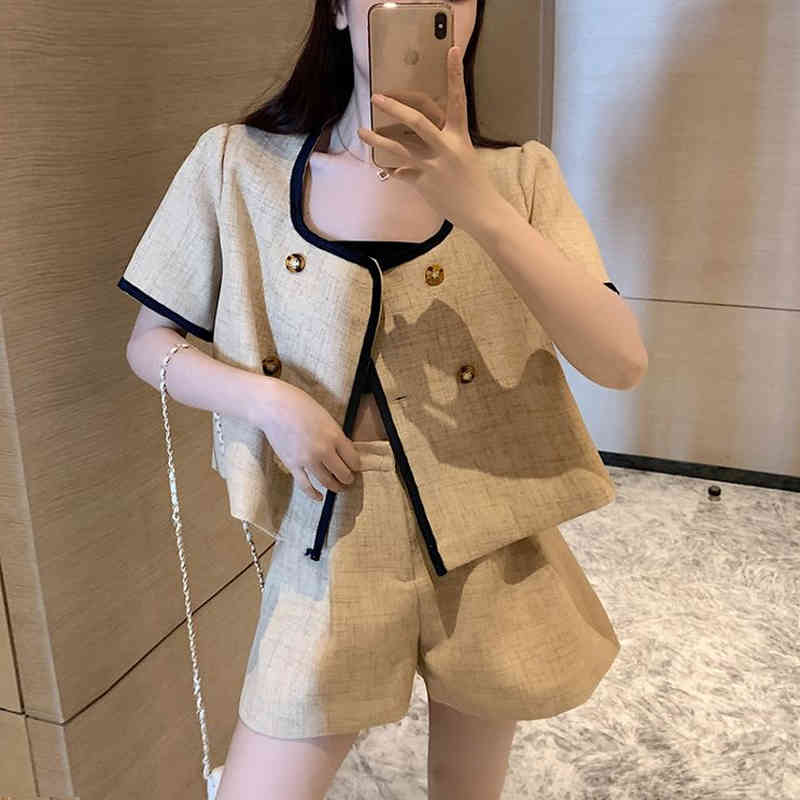 Summer Plus Size Office Lady Sets Square Neck Short Sleeve Jacket Double Breasted Wide Leg Shorts Casual Vintage Matching 210429