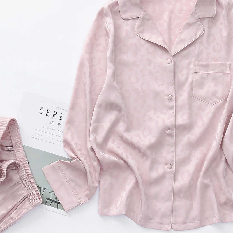 Women Loungewear Satin Leopard Pajamas Set Casual 2PCS Shirt&Pants Sleepwear Loose Nightwear Intimate Lingerie Home Clothes Q0706