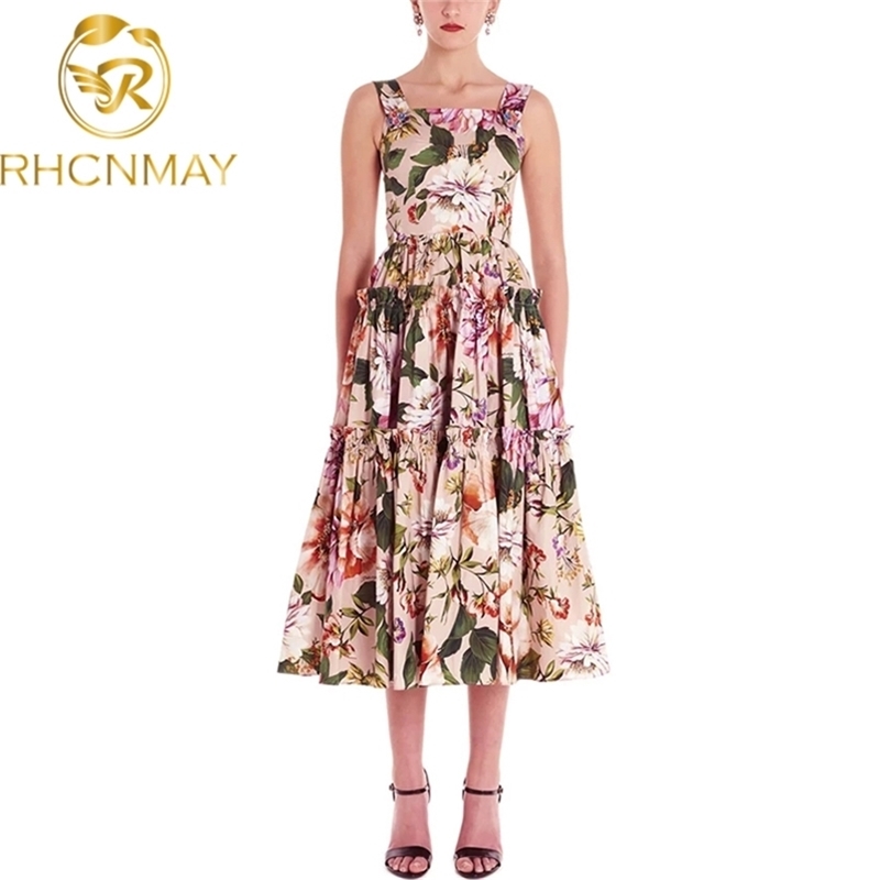 Runway Fashion Summer Floral Print Spaghetti Strap Dress Women's Sexy Backless Ruffles Petal Buttons Vintage Midi Dresses 210506