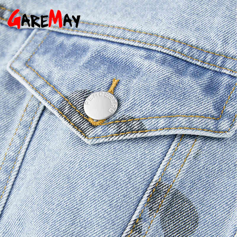 Women 100% Cotton Oversized Short Denim Jacket Turn-down Collar Jean for Vintage printing pocket Coat Female 210428