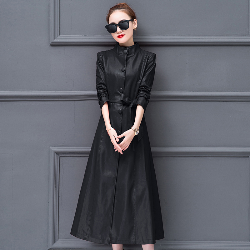 Spring Utumn Stand Collar Women Fashion PU Leather Long Trench Coats Lady Elegant Belt Waist Windbreaker Female 210514