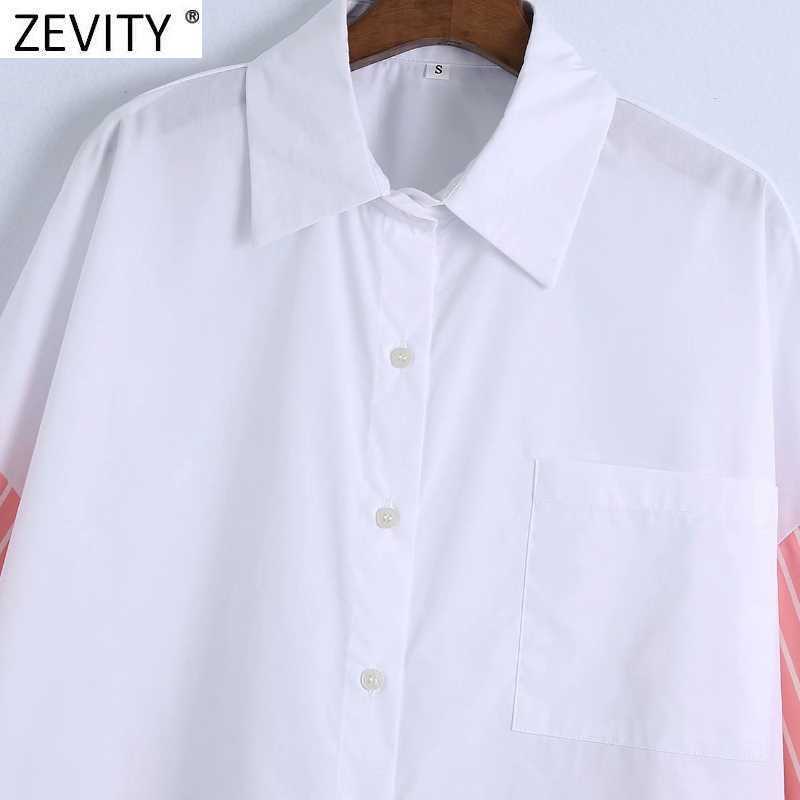 Zevity Women Fashion Striped Sleeve Patchwork White Smock Blouse Office Lady Pocket Patch Shirt Chic Business Blusas Tops LS9356 210603