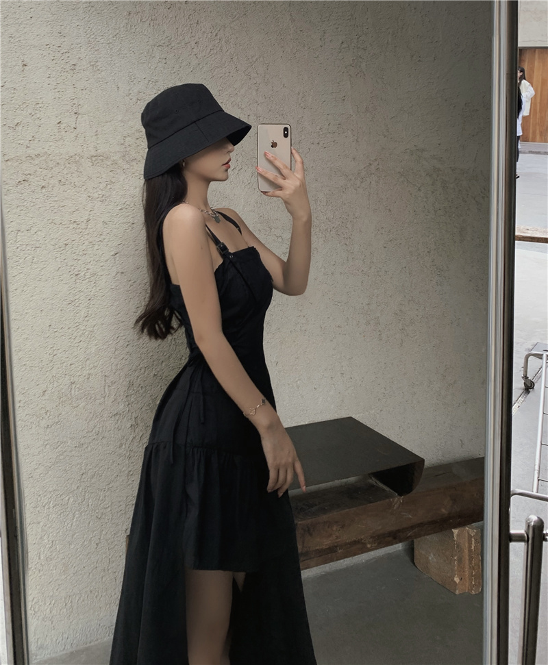 Vintage Fashion Women Streetwear Irregular Sundress Suspenders Casual Black Bandage Dress Sleeveless Slim 210519