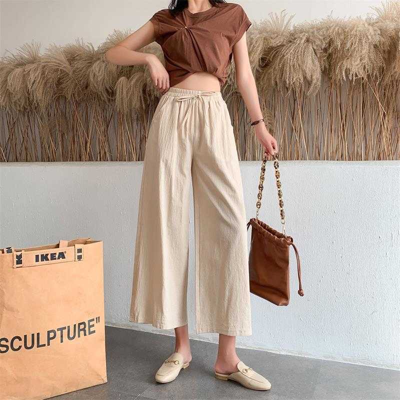 Women Wide Leg Pants Spring Summer Cotton Linen Calf-Length Casual Loose Solid Elastic Waist Soft Straight Trousers Female 210526
