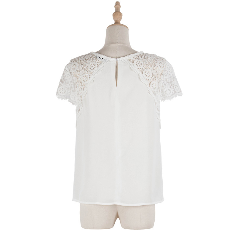 O-Neck Hollow Out Lace Patchwork Ladies Tops and Blouses Summer Casual Solid Loose Blouse Women Clothing 210510
