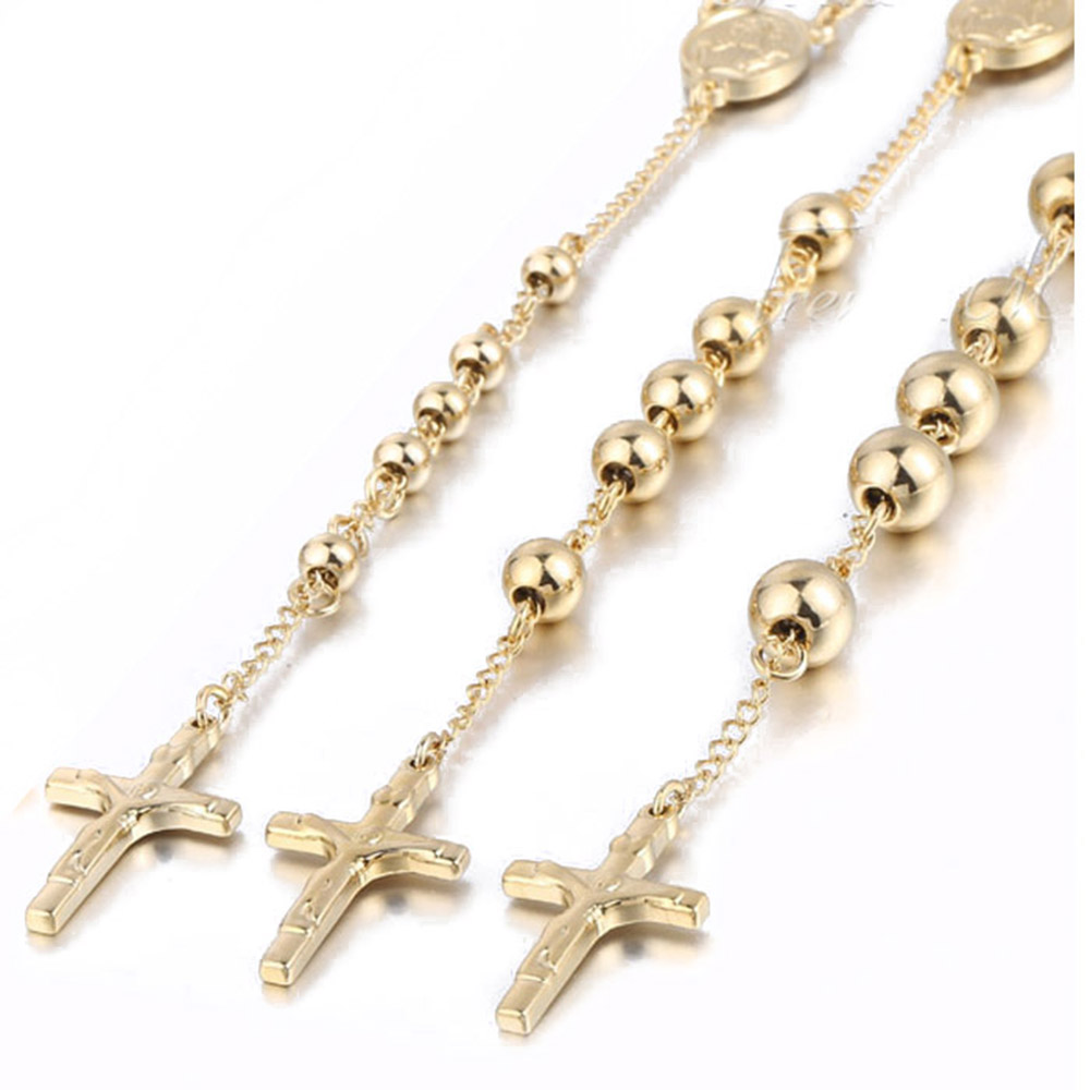 Men's Women's Stainless Steel Pendant Necklace Christ Jesus Crucifix Cross Rosary Beads Ball Chain