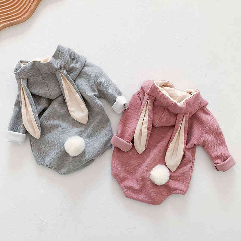 Spring Baby Boys Girl Rabbit Rompers Long Sleeves Hooded Autumn Boy born Clothes 210429