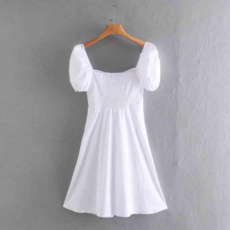 Summer Women Puff Sleeve White Mini A Line Dress Female Solid Clothes Casual Lady Slim Vestido D7653 210430