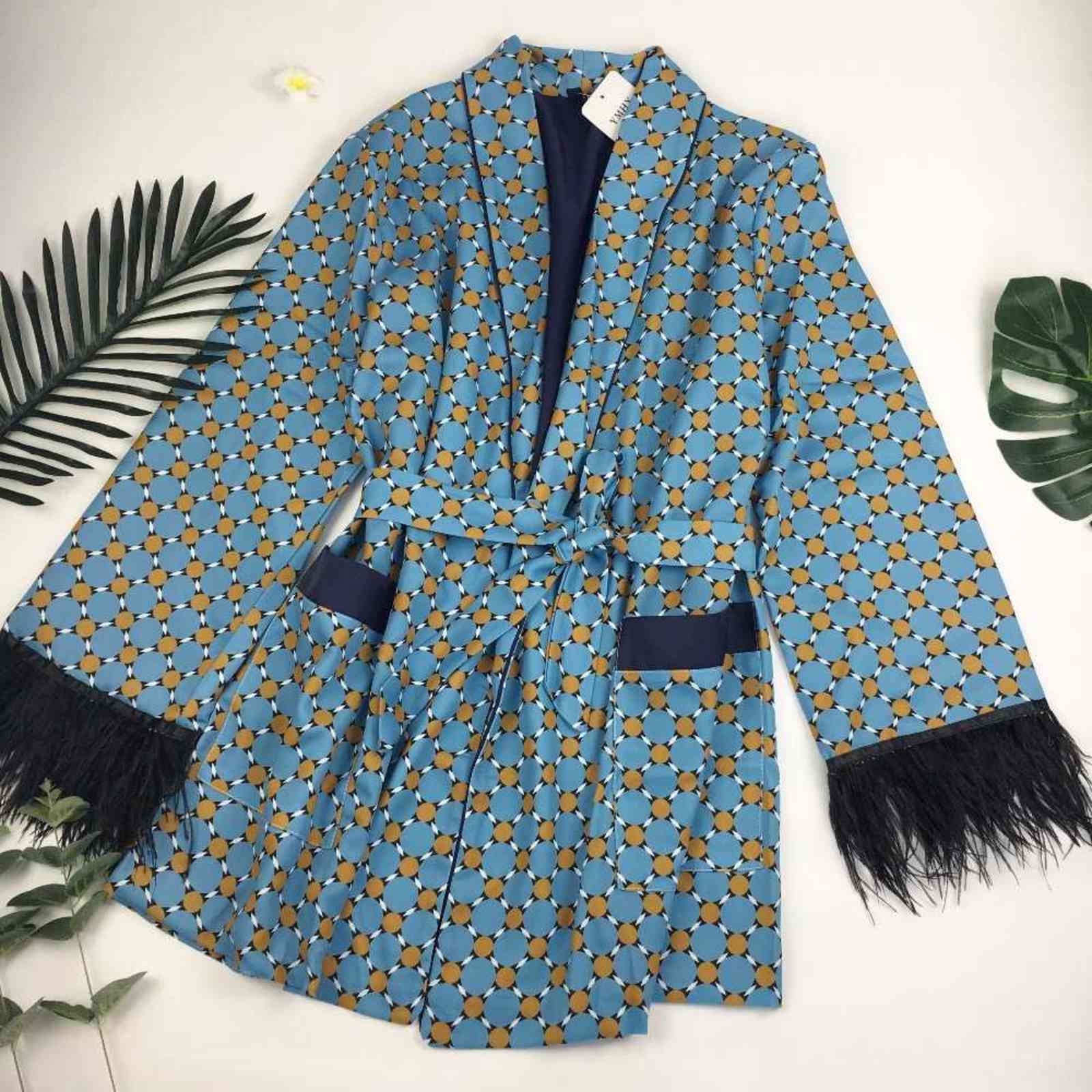 toppies Blue Printed Kimono Jacket with Feather Sleeves Wide Leg Loose Cuasal Trousers Women Vintage Clothing Suits 211117