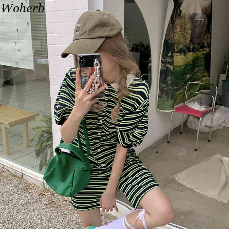 Harajuku Striped Ladies Dress Women Puff Sleeve Mini Green Shirt Dresses Summer Korean Chic Streetwear Vestidos 210519