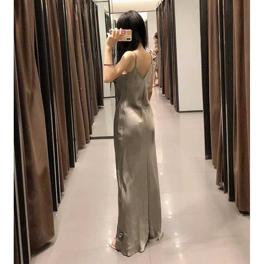 Women Dress Camisole Gathered V-neck Midi Dress Satin Thin Strap elegant Femme Robe Ropa Mujer Vestidos 210709