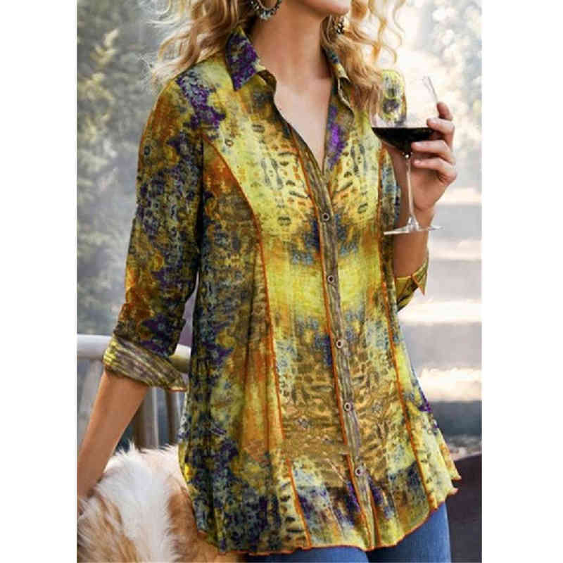 Long Sleeve Shirt Oversize V-neck Vintage Printed Tees Women Lapel Collar Tops Lady Office Loose T Shirt Fashion T-Shirts 210515