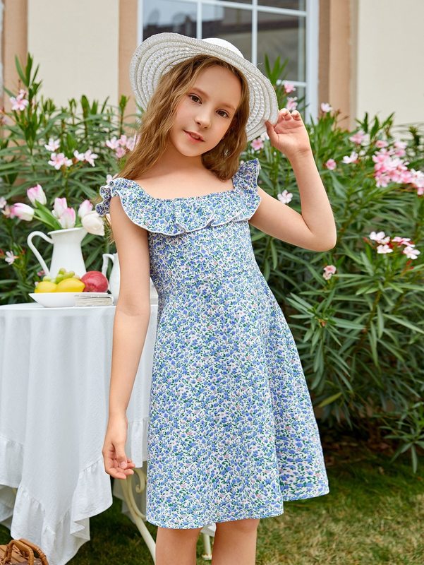 Girls Ditsy Floral Print Ruffle Trim Dress SHE01