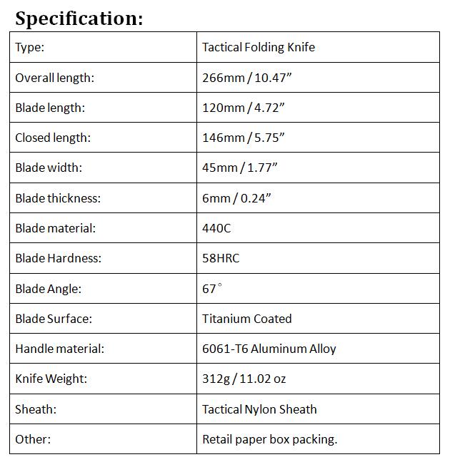High Quality ER Strong Survival Tactical Folding 440C Titanium Coated Tanto Point Knife 6061-T6 Handle With Nylon Sheath And Retail Box Pack