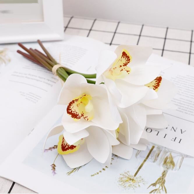 Artificial flower 6 heads of Cymbidium palm bouquet wedding decorative Butterfly Orchid flowers