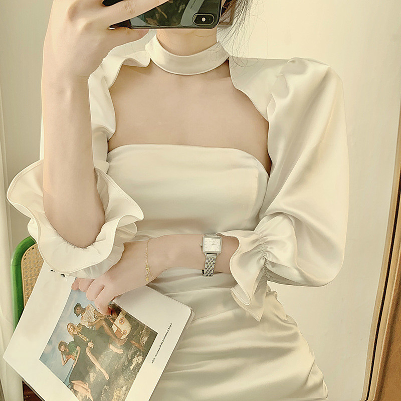 [EWQ] Spring Female Slim Elegante Hollow Out Strapless Solid Color Long Sleeve Patchwork Ruffles White Sheath Dress 8Y717 210423