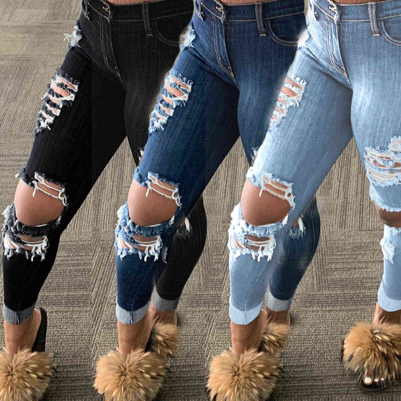 Autumn Fashion Womens Slim Fit Jeans Solid Color Ripped Hole Tassel Stretch Mid-waist Denim Pencil Long Pants Trousers 211129