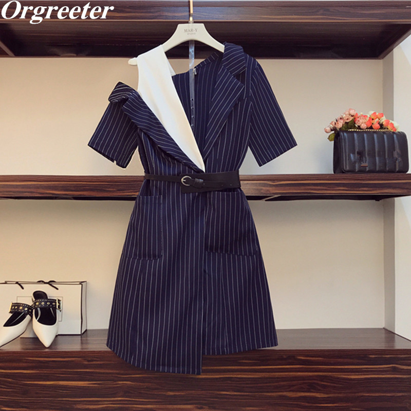 Temperament OL Work wear Casual Dress Summer Hit Color Striped Patchwork Off-shoulder Double Pocket Suit With Belt 210525, Blue
Temperament OL Work wear Casual Dress Summer Hit Color Striped Patchwork Off-shoulder Double Pocket Suit With Belt 210525, Blue
