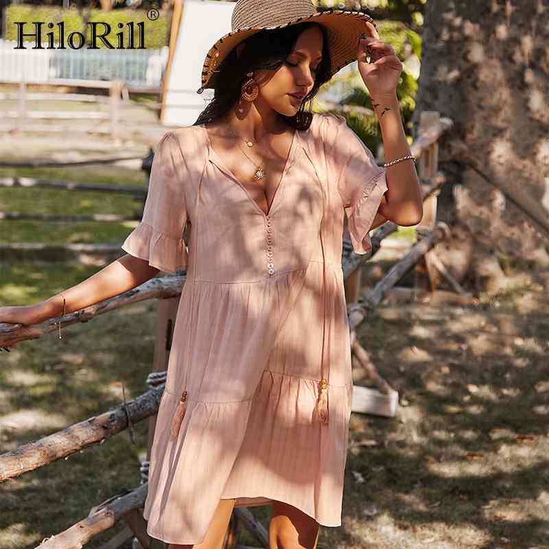 Solid Color Loose Mini Dress Women Bow Tie V Neck Casual Beach Ruffles Short Sleeve Ladies Summer es 210508