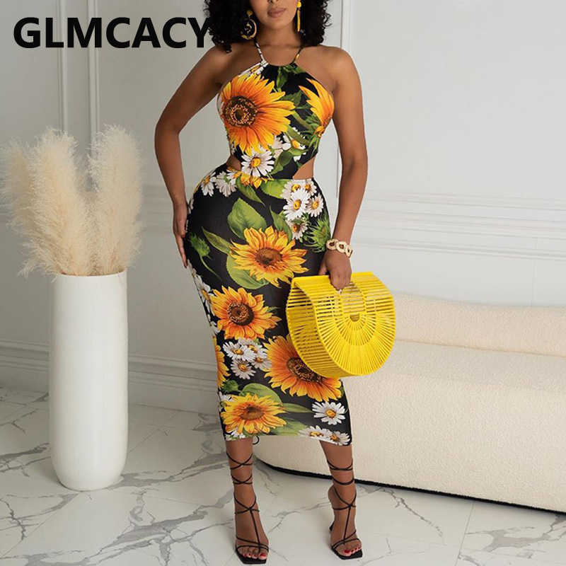 Women Halter Backless Sunflower Printed Bodycon Midi Dress 210702