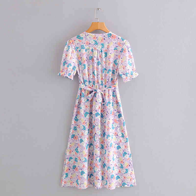 beauty French Fashion Casual Floral Print Midi Dress Women Holiday Chic Single-breasted Bow Tie Summer Dresses 210514