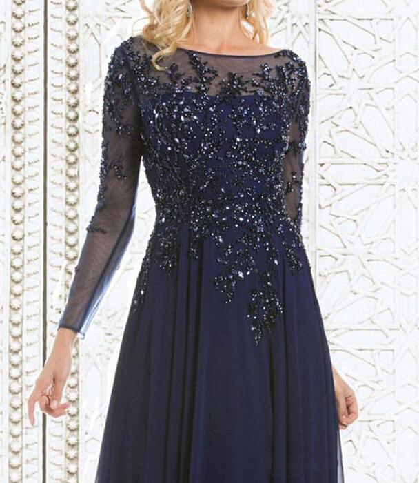 Top Selling Elegant Navy Blue Mother of The Bride Dresses Chiffon See-Through Long Sleeve Sheer Neck Appliques Sequins Evening Dress
