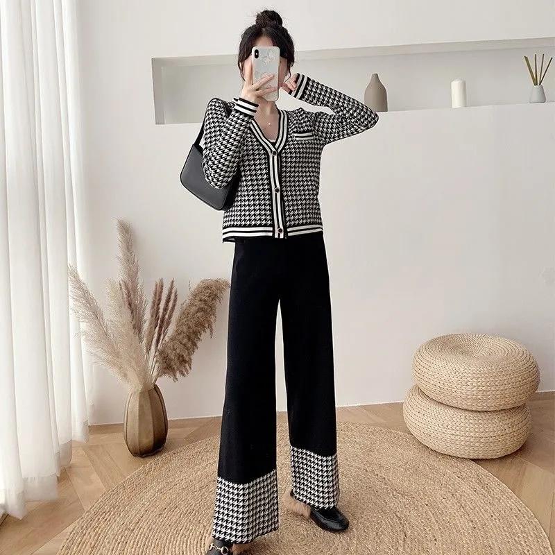 Korean Chic Houndstooth Knit Suit Women Fashion Loose Knitted Cardigan Tops + Spliced Wide-Leg Pants Two Piece Set Casual Outfit Women's Tra