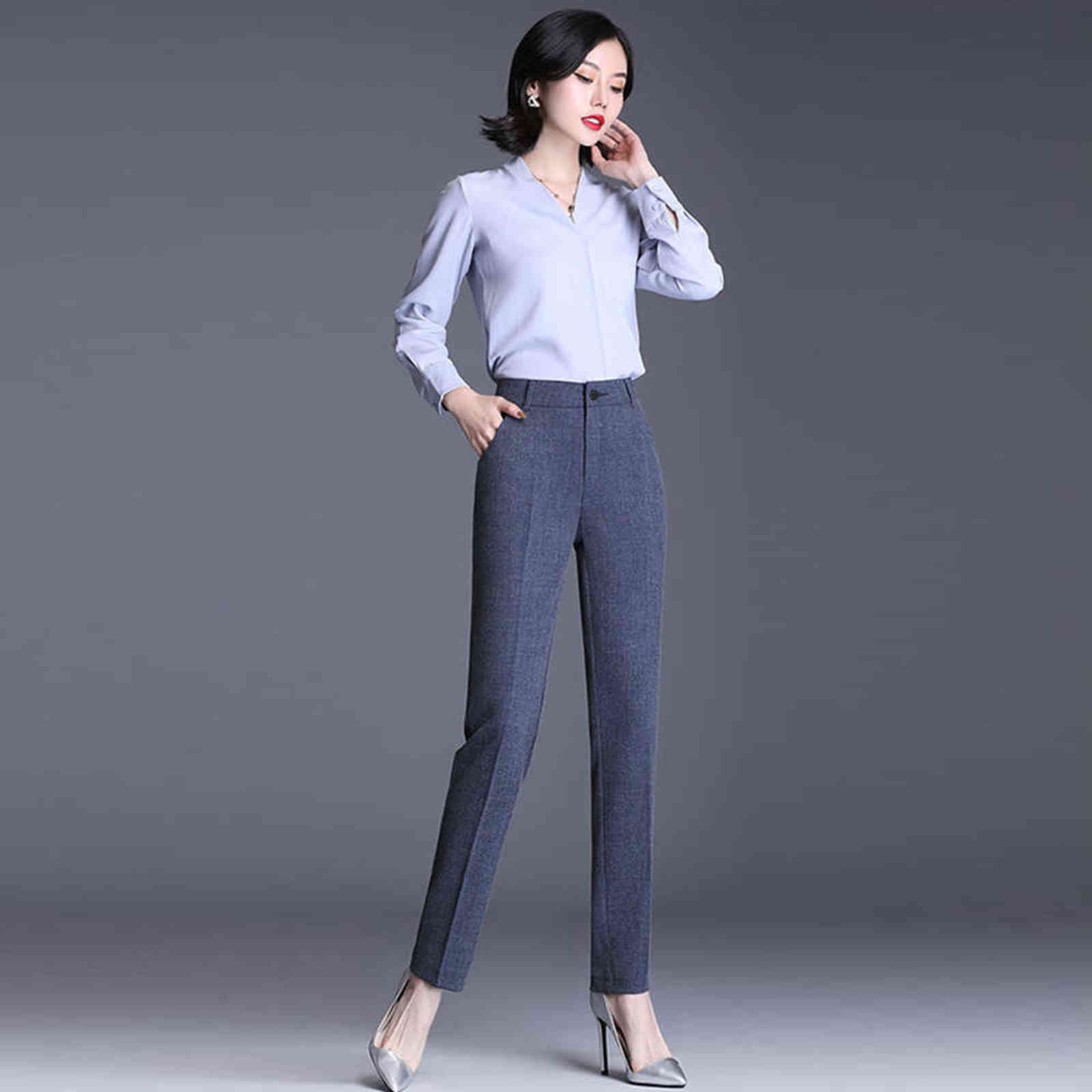 Plus Size High Waist Women's Pants Black Work Wear Office Elegant Straight Female Quality Gray Casual Trousers 211115