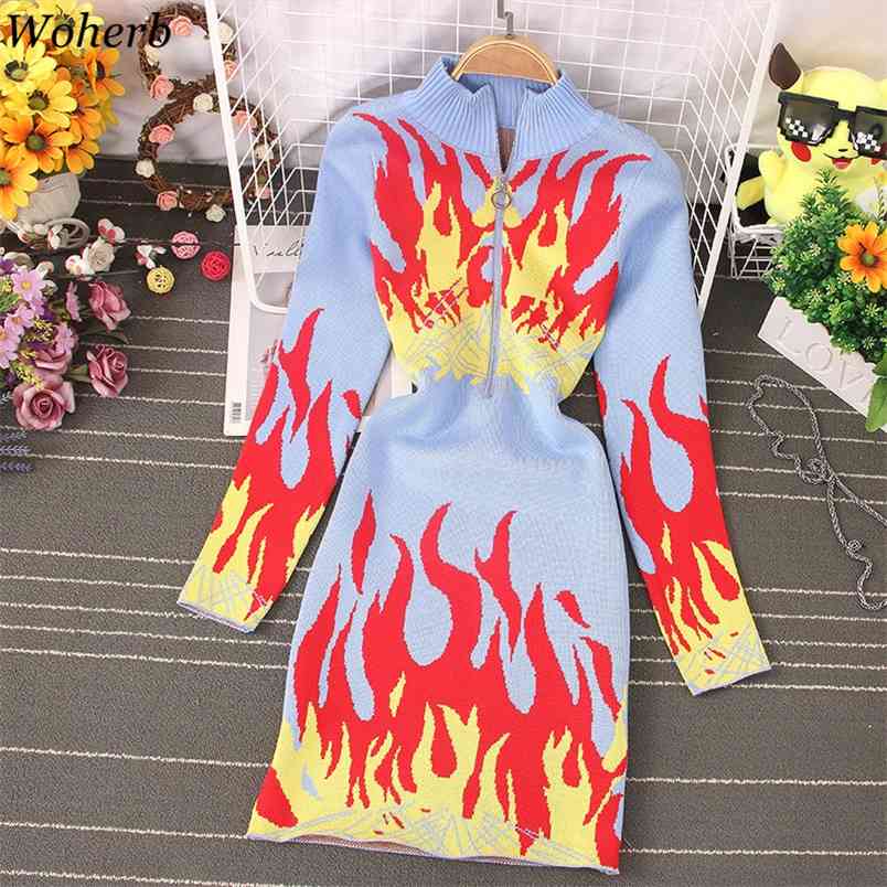 Spring Summer Knitted Long Sleeve Dress Harajuku Flame Print Zipper Stand Collar Ladies Casual Stretch Dresses 210519