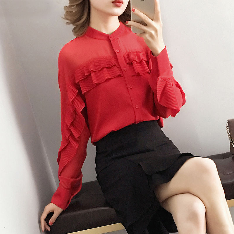 Spring Autumn Korea Fashion Women Shirt Plus Size Batwing Sleeve Ruffles Chiffon Blouses Sweet Red Blouse Ladies Tops D314 210512