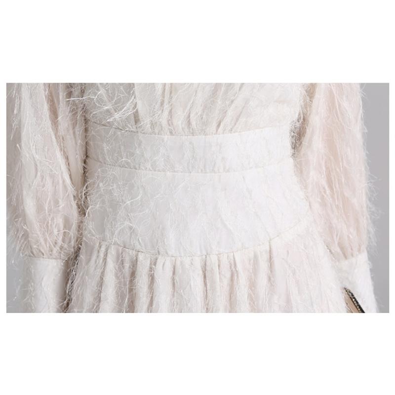 Comelsexy Summer Women's Elegant Stand Collar Lantern Sleeve Tassels Party Long Dresses Elegant Beige Feather Dress Vestido 210515