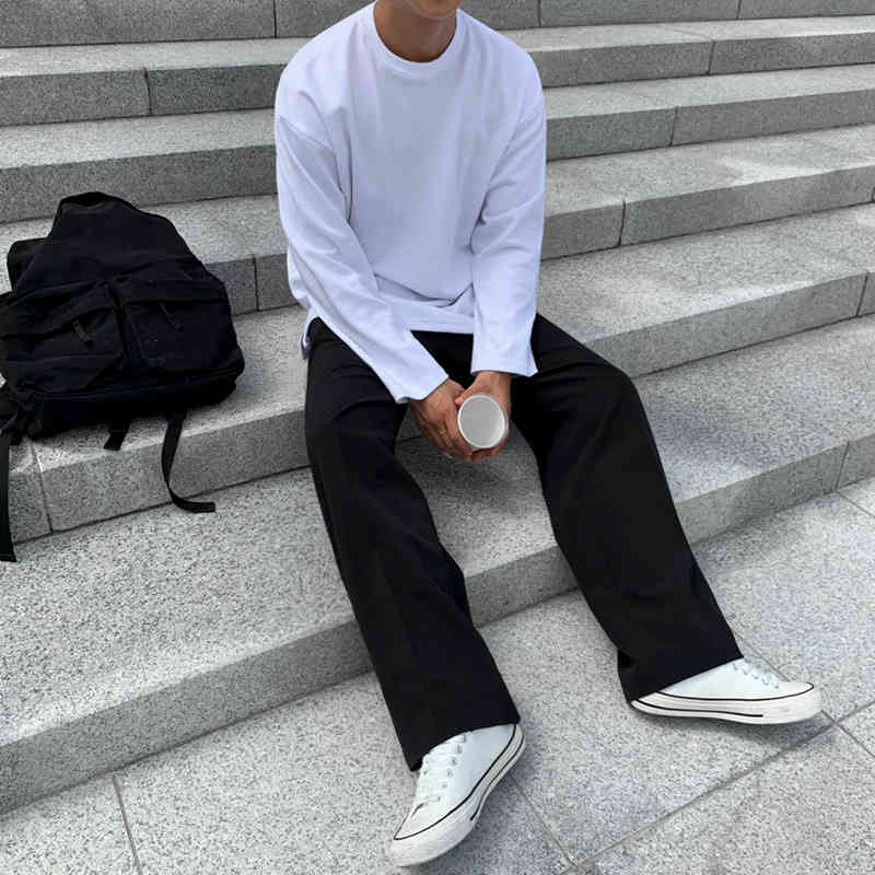 IEFB / men's wear spring long-sleeved T-shirt Korean style trendy round neck loose men's base white all-match male's tops 9Y4091 210524