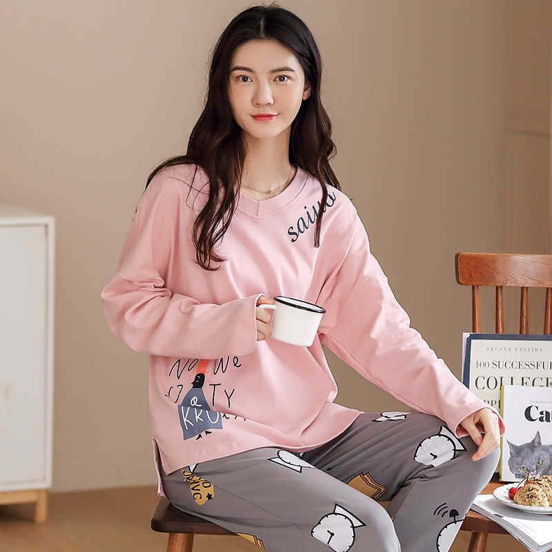 Autumn Winter Cotton Cartoon Pajamas Set Women Pyjamas Homewear Long sleeve Sleepwear Plus size Home Clothes Night suit Female 210924