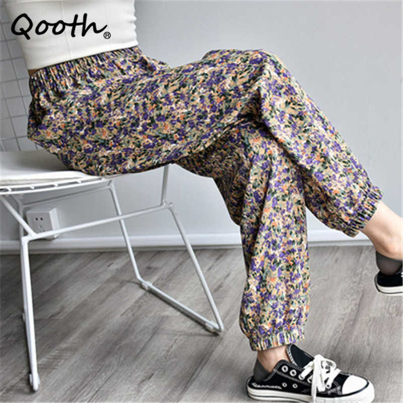 Qooth Summer Ankle-length Lantern Floral Casual Pant's All Match Ice-cold Feeling Soft Fashion One Size QT760 210609